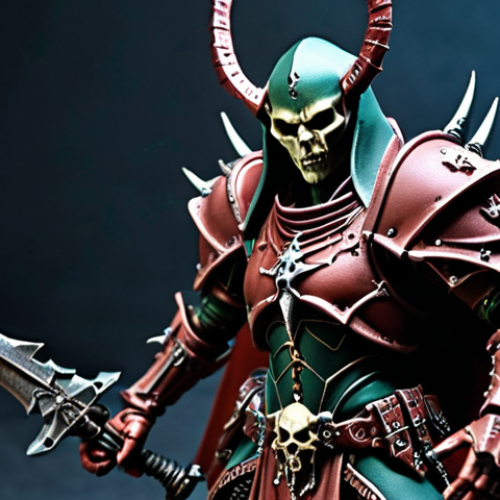 Home 15 **Prompt:** Warhammer 40,000 Dark Eldar warrior figurine, matte varnish, sinister and implacable, tabletop miniature photography, detailed armor, dark color scheme, dramatic lighting.