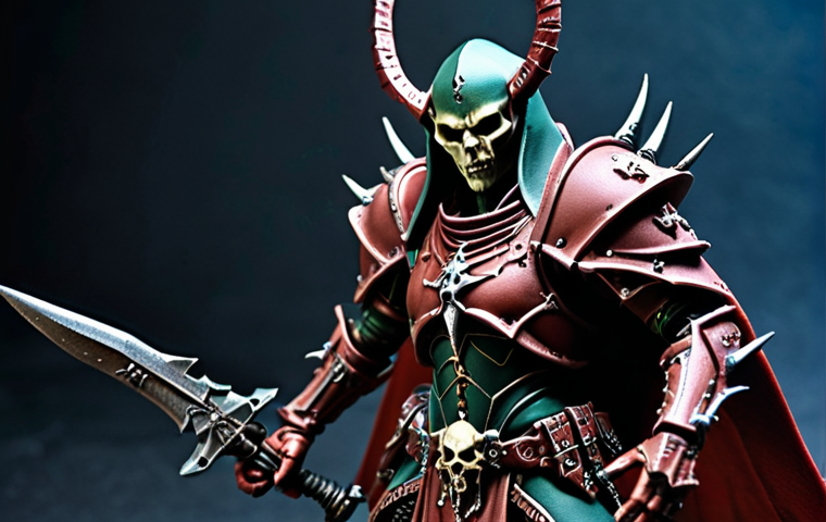 **Prompt:** Warhammer 40,000 Dark Eldar warrior figurine, matte varnish, sinister and implacable, tabletop miniature photography, detailed armor, dark color scheme, dramatic lighting.