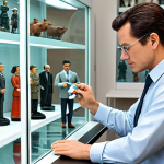 A focused professional collector, fully clothed in a modest long-sleeved shirt and trousers, meticulously cleaning a detailed action figure with a soft brush. The collector is seated at a clean, organized desk in a well-lit collection room, with sleek glass display cases filled with diverse figurines visible in the background. The scene emphasizes dedicated care and the preservation of collectibles. Perfect anatomy, correct proportions, natural pose, well-formed hands, proper finger count, natural body proportions, safe for work, appropriate content, professional dress, family-friendly.