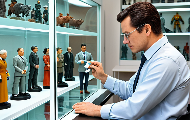 A focused professional collector, fully clothed in a modest long-sleeved shirt and trousers, meticulously cleaning a detailed action figure with a soft brush. The collector is seated at a clean, organized desk in a well-lit collection room, with sleek glass display cases filled with diverse figurines visible in the background. The scene emphasizes dedicated care and the preservation of collectibles. Perfect anatomy, correct proportions, natural pose, well-formed hands, proper finger count, natural body proportions, safe for work, appropriate content, professional dress, family-friendly.