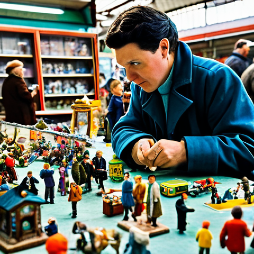 Finding a Rare Figurine**

Prompt: "A collector browsing a vibrant flea market stall filled with vintage toys and figurines, carefully examining a potential rare find. The scene is colorful and bustling, emphasizing the thrill of the hunt. Focus on the details of the figurines and the collector's focused expression. Fully clothed, appropriate attire, safe for work, perfect anatomy, natural proportions, professional photography, high quality."

**