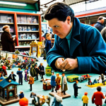 Finding a Rare Figurine**
Prompt: "A collector browsing a vibrant flea market stall filled with vintage toys and figurines, carefully examining a potential rare find. The scene is colorful and bustling, emphasizing the thrill of the hunt. Focus on the details of the figurines and the collector's focused expression. Fully clothed, appropriate attire, safe for work, perfect anatomy, natural proportions, professional photography, high quality."
**