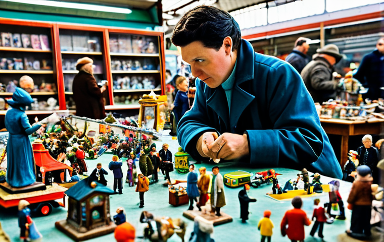 Finding a Rare Figurine**
Prompt: "A collector browsing a vibrant flea market stall filled with vintage toys and figurines, carefully examining a potential rare find. The scene is colorful and bustling, emphasizing the thrill of the hunt. Focus on the details of the figurines and the collector's focused expression. Fully clothed, appropriate attire, safe for work, perfect anatomy, natural proportions, professional photography, high quality."
**