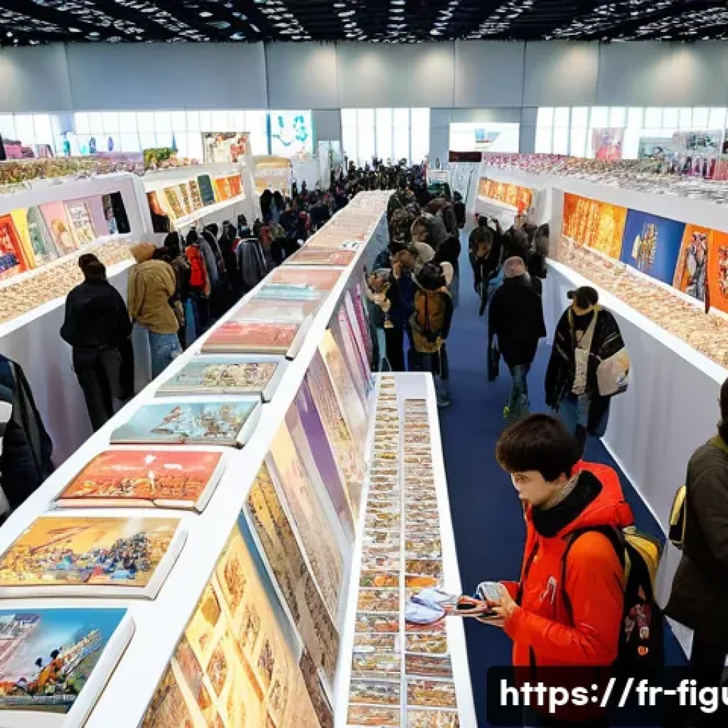 피규어와 수집 문화의 사회적 영향 - A vibrant scene at a large French collectible figurine convention in Paris, showcasing diverse passi...