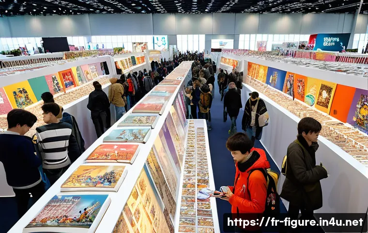 피규어와 수집 문화의 사회적 영향 - A vibrant scene at a large French collectible figurine convention in Paris, showcasing diverse passi...