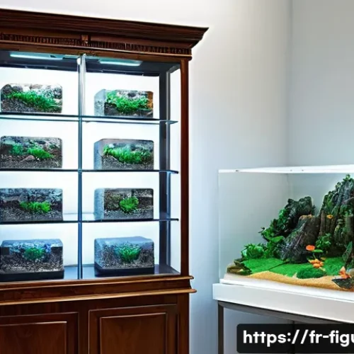 피규어에 적합한 습도 및 온도 유지법 - A meticulously organized display cabinet for collectible figurines, featuring glass doors with airti...