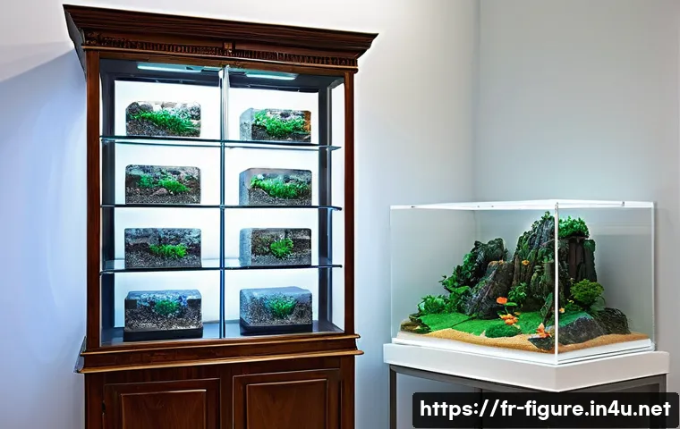 피규어에 적합한 습도 및 온도 유지법 - A meticulously organized display cabinet for collectible figurines, featuring glass doors with airti...
