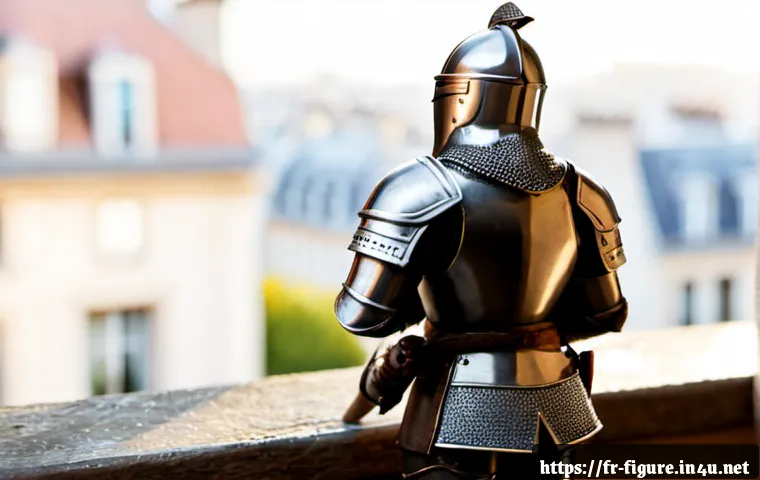 피규어 사진 촬영 팁 - Photorealistic close-up of a small collectible knight figurine posed on a rustic Paris apartment win...