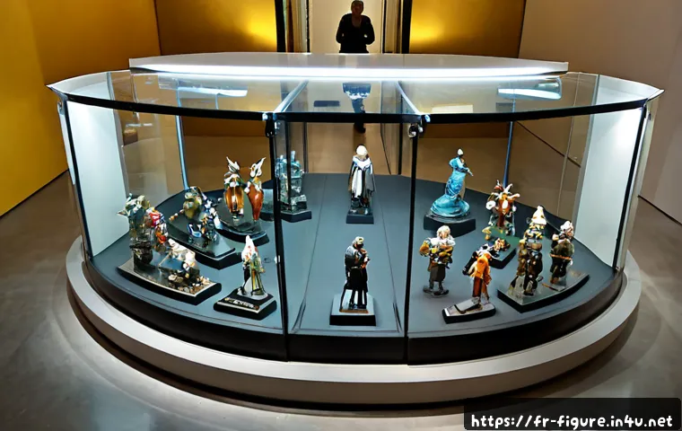 피규어 관련 전시회 정보 - Photorealistic wide-angle view of a contemporary collectible figure exhibition in Paris, carefully a...